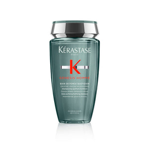 Kérastase Genesis Homme Bain Force Quotidien Shampoo Flasche, 250ml – Pflegendes, stärkendes Männer-Shampoo für dünner werdendes Haar mit Kreatin und Ingwerwurzelextrakt, in einem eleganten, transparent-grünen Design.